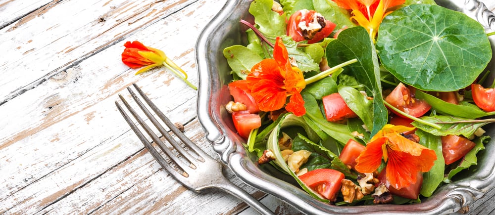 Healthy salad with flowers, nasturtium leaves, tomatoes and nuts. Summer food.Indian salad.Capuchin