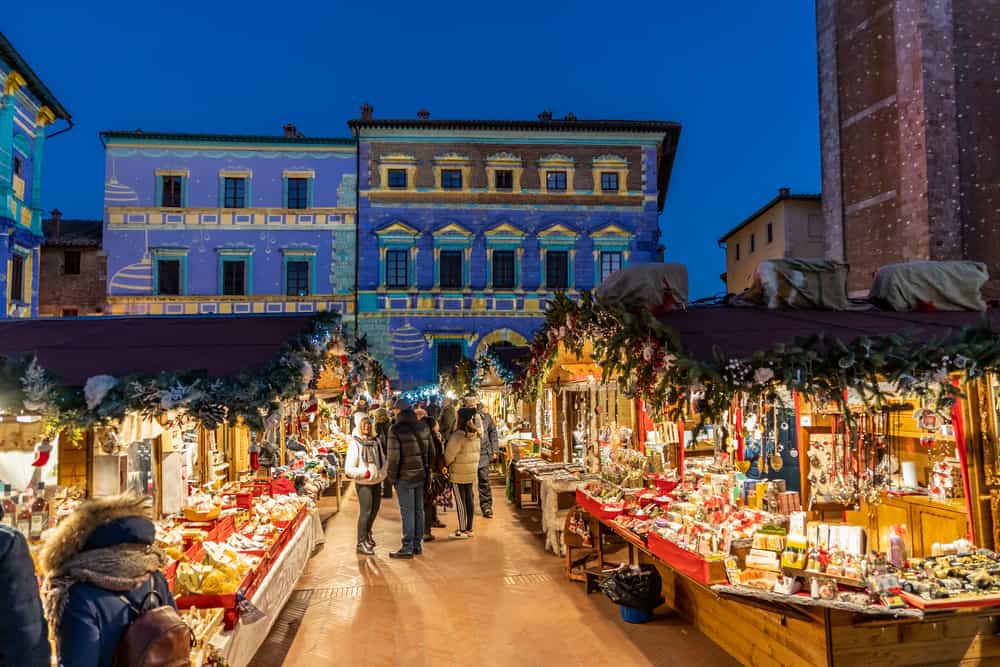 Montepulciano, Tuscany, Italy, December 2019: Christmas Market in Montepulciano, Piazza Grande, the main square of Montepulciano during the Christmas time.