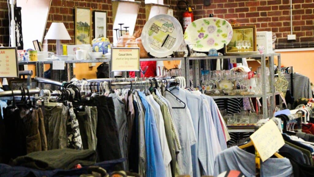 Thrift store shop full of recycled clothes and homewares