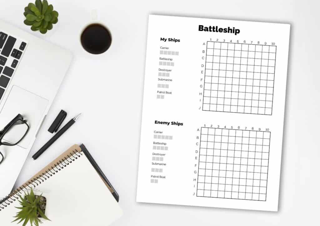 Closeup of images of printable battleship game.