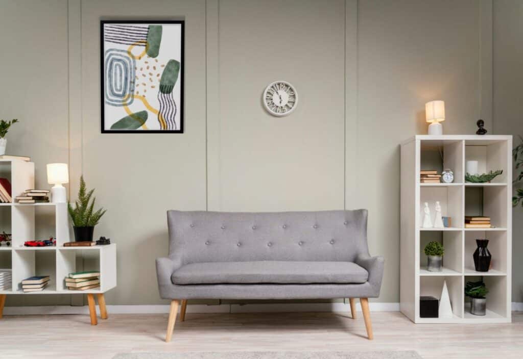 Interior design with photoframes and grey couch.