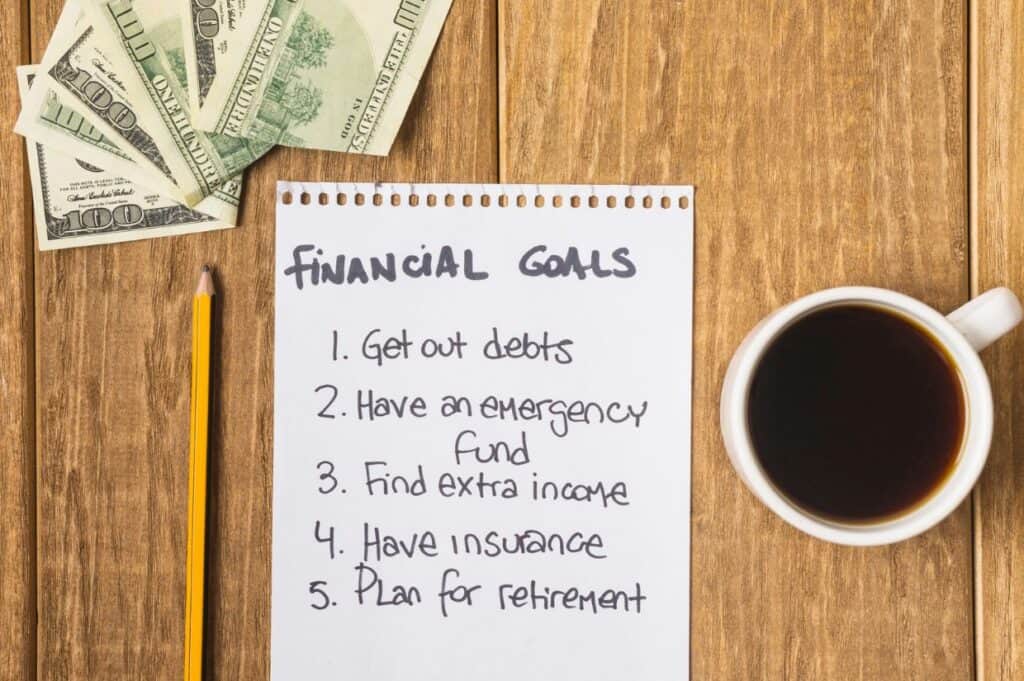 List of financial goals on table.